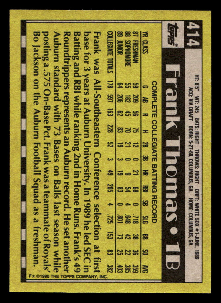 1990 Topps #414 Frank Thomas White Sox FDP Near Mint+ RC Rookie  ID: 404672