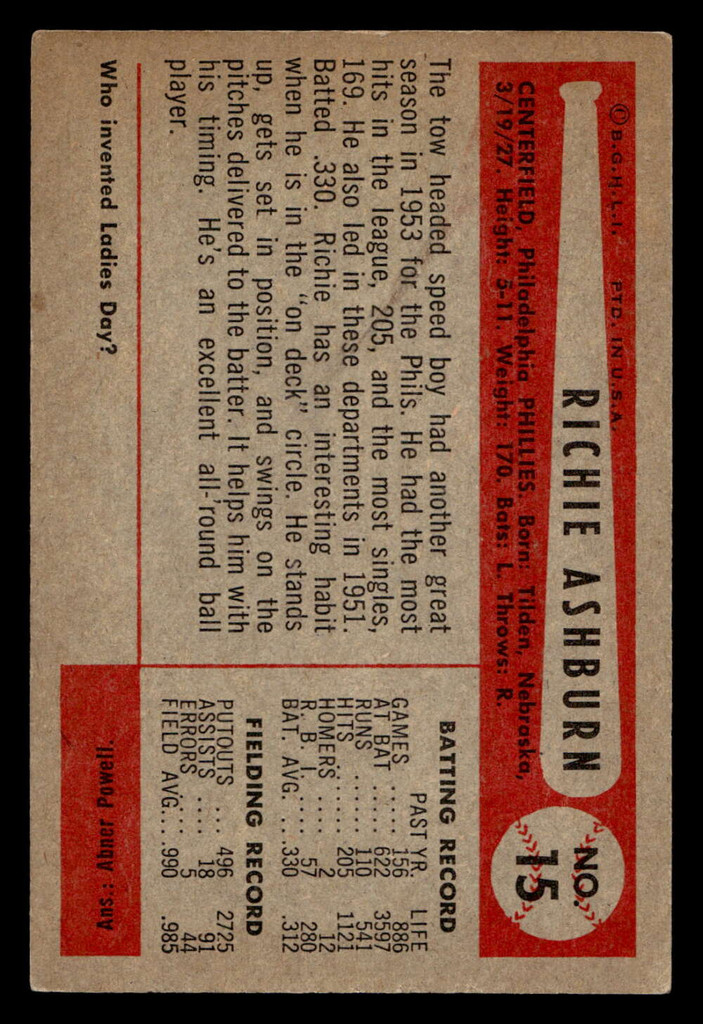 1954 Bowman #15 Richie Ashburn Excellent+  ID: 404764