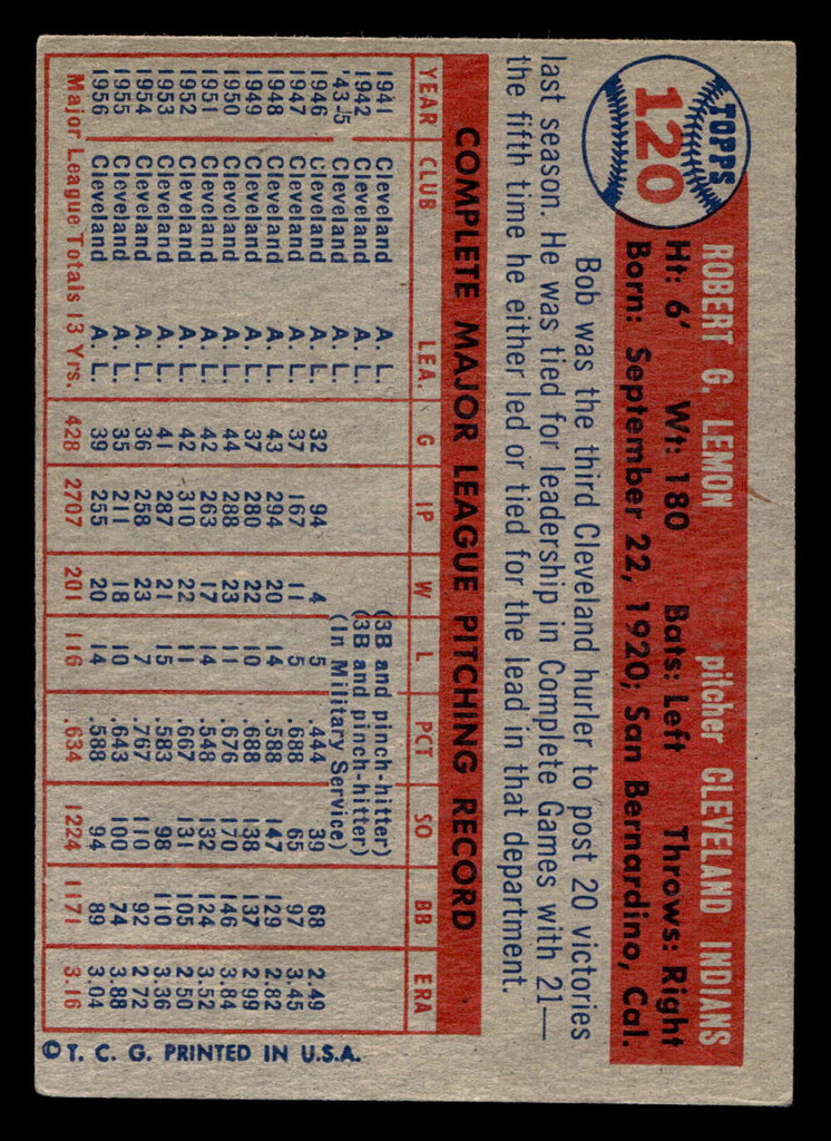 1957 Topps #120 Bob Lemon Excellent+  ID: 404852