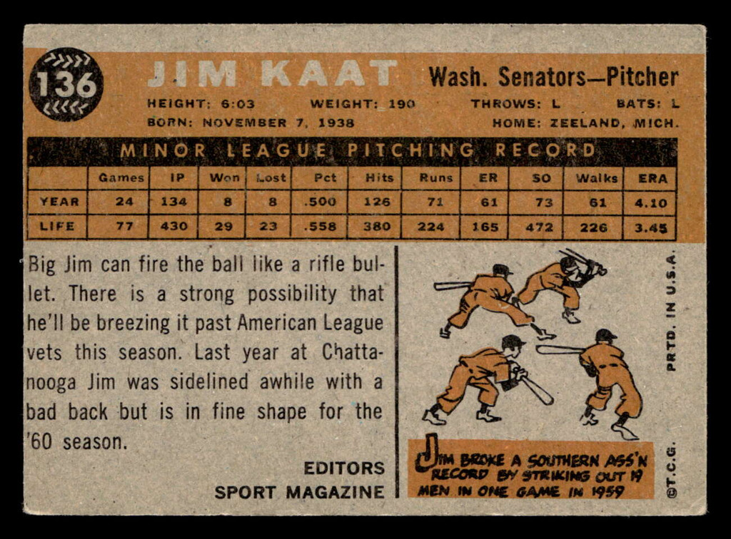 1960 Topps #136 Jim Kaat RS VG-EX RC Rookie  ID: 404945