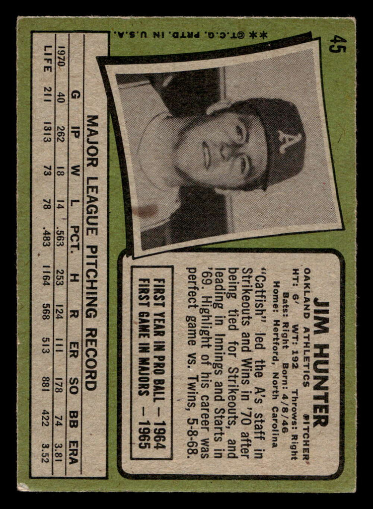 1971 Topps #45 Jim Hunter Excellent+  ID: 405266