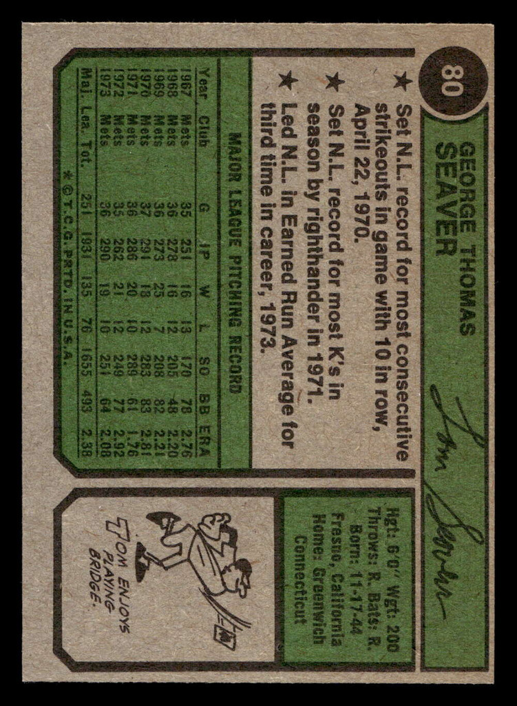 1974 Topps #80 Tom Seaver Ex-Mint  ID: 405544