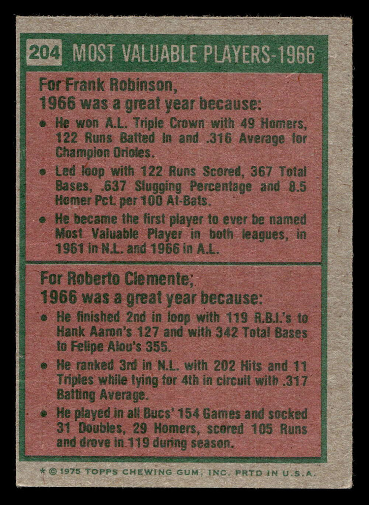 1975 Topps #204 Frank Robinson/Roberto Clemente 1966 MVP's Excellent  ID: 405707