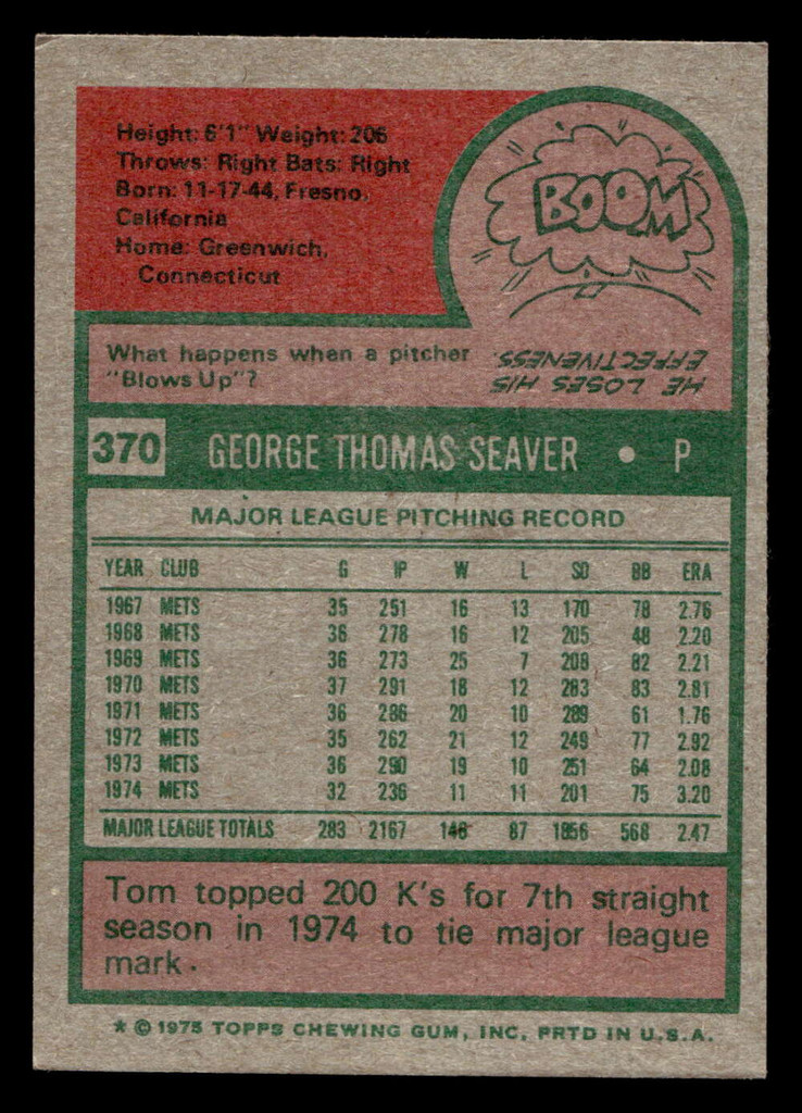 1975 Topps #370 Tom Seaver Excellent+  ID: 405741