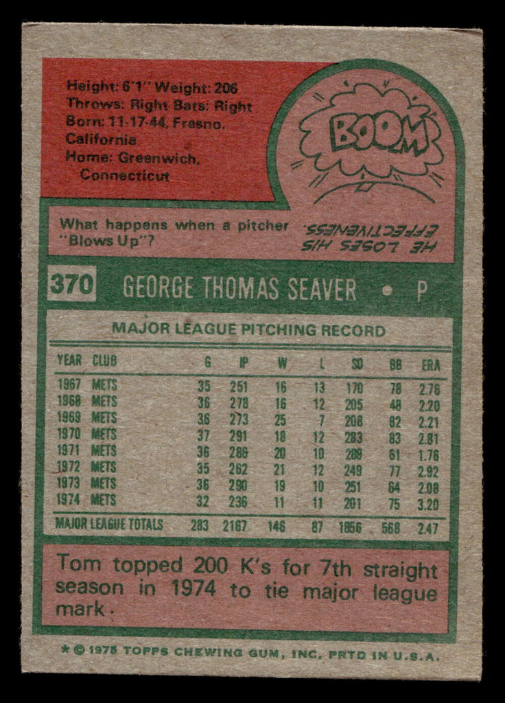 1975 Topps #370 Tom Seaver VG-EX 