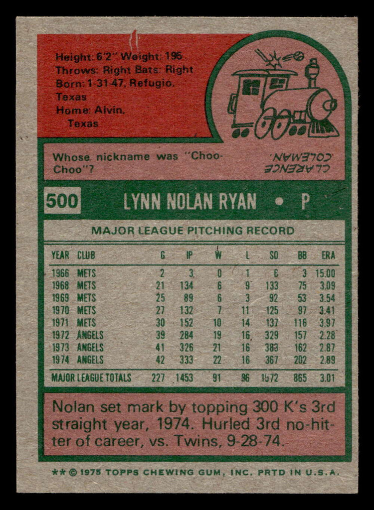 1975 Topps #500 Nolan Ryan Ex-Mint  ID: 405749