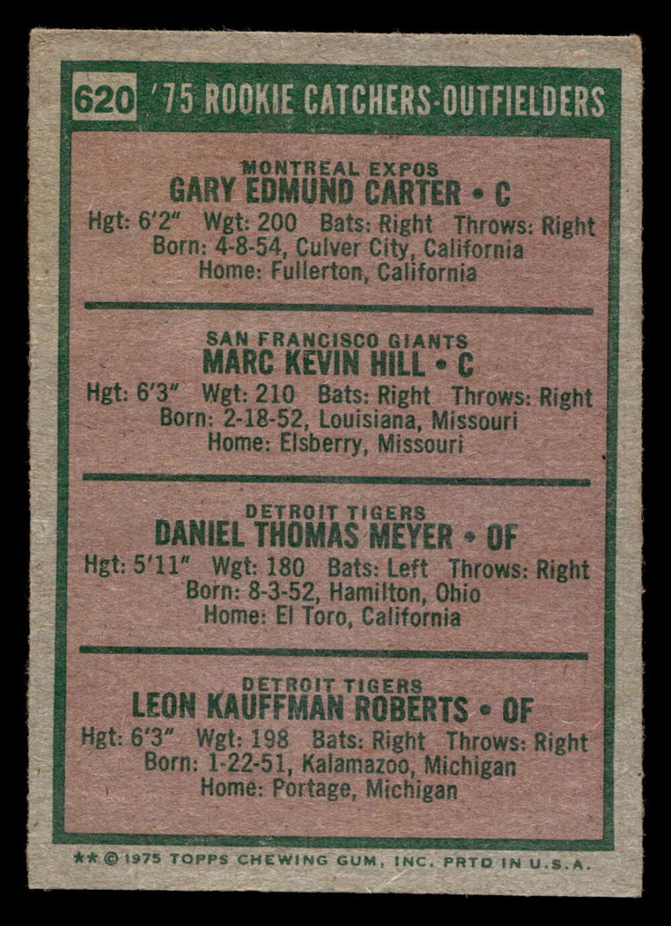 1975 Topps #620 Gary Carter/Marc Hill/Dan Meyer/Leon Roberts Rookie Catchers Outfielders Very Good RC Rookie  ID: 405771