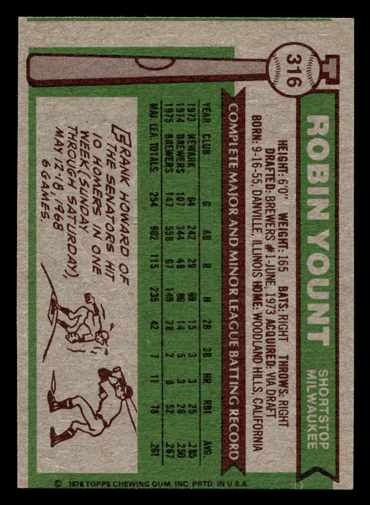 1976 Topps #316 Robin Yount Ex-Mint  ID: 405815