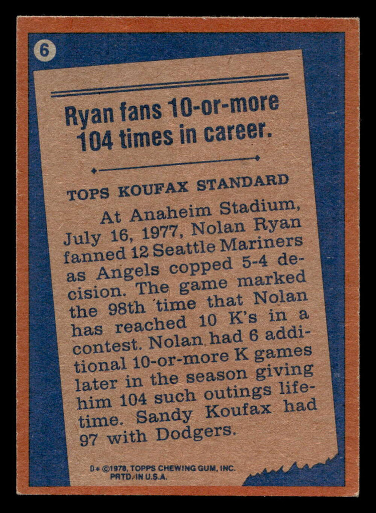 1978 Topps #6 Nolan Ryan RB Ex-Mint  ID: 405873
