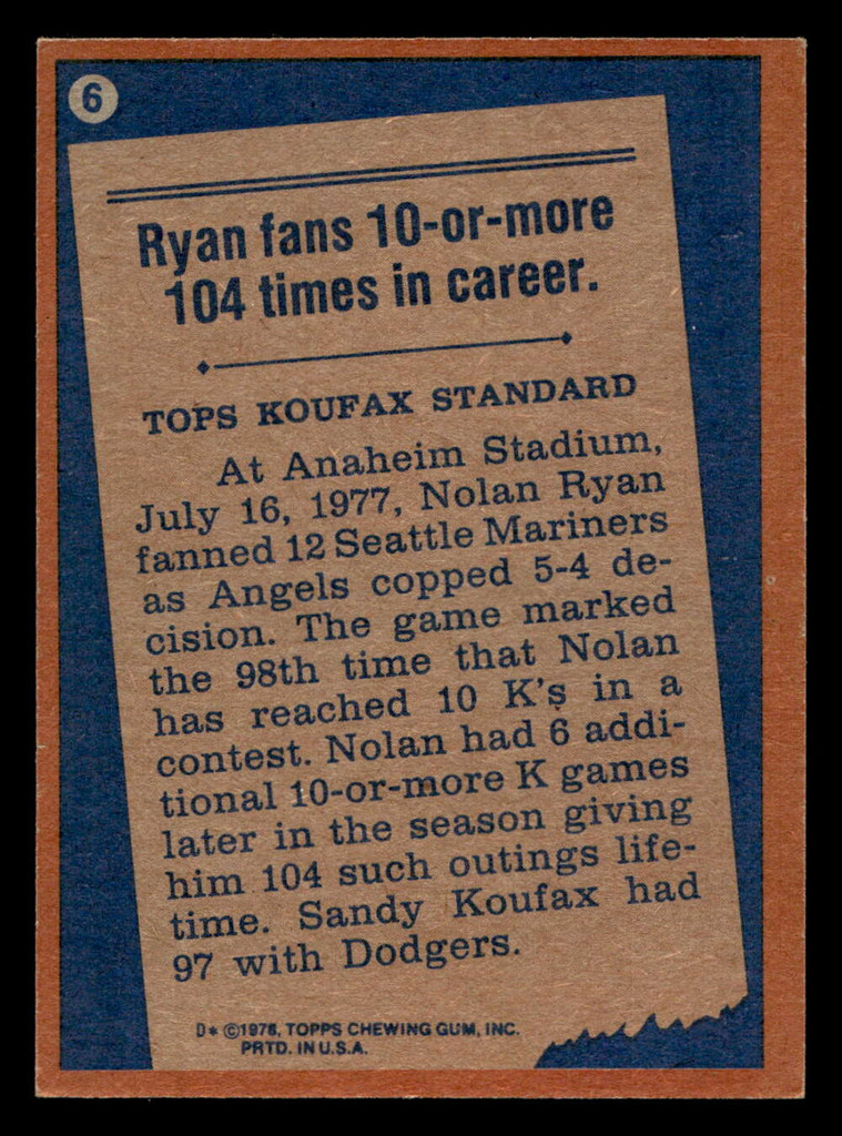 1978 Topps #6 Nolan Ryan RB VG-EX 