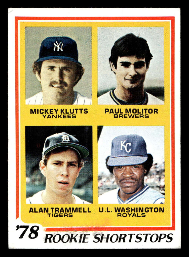 1978 Topps #707 Mickey Klutts/Paul Molitor/Alan Trammell/U.L. Washington Rookie Shortstops Excellent RC Rookie  ID: 405908