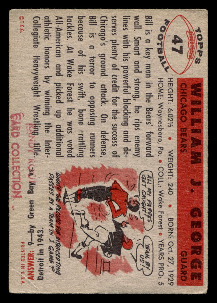 1956 Topps #47 Bill George Very Good RC Rookie  ID: 405958