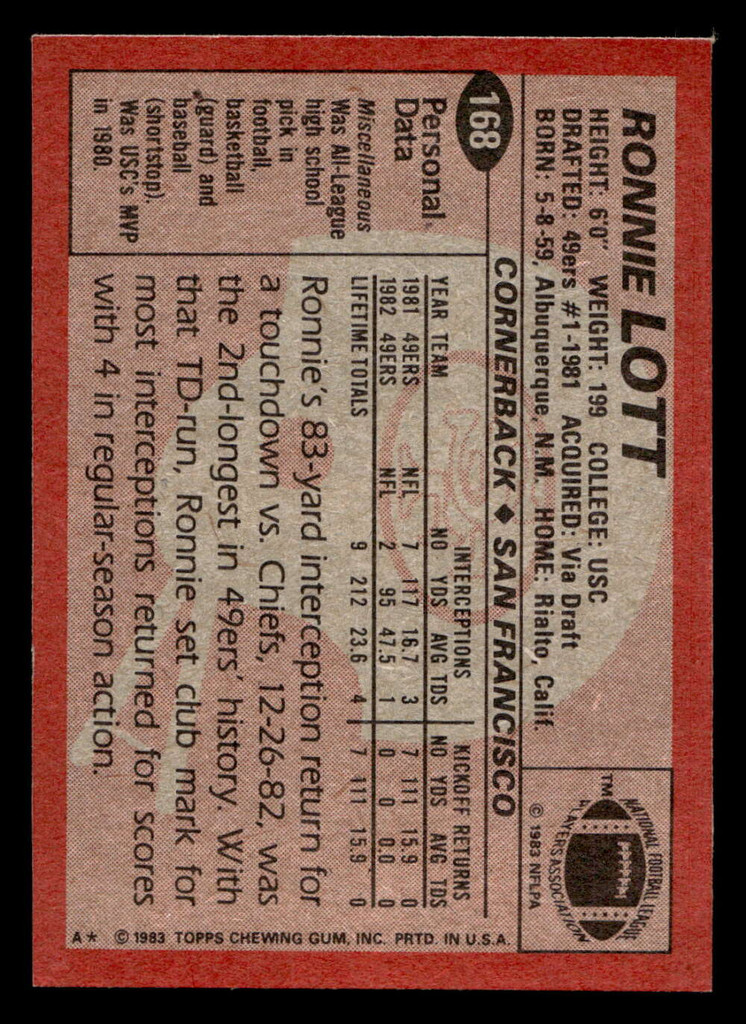1983 Topps #168 Ronnie Lott Near Mint  ID: 406329