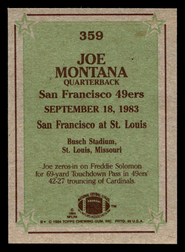 1984 Topps #359 Joe Montana IR Near Mint  ID: 406346