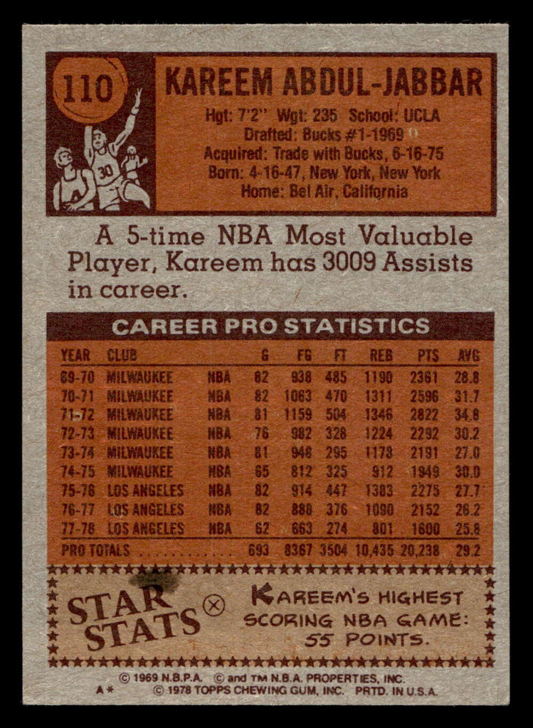 1978-79 Topps #110 Kareem Abdul-Jabbar Ex-Mint  ID: 406463