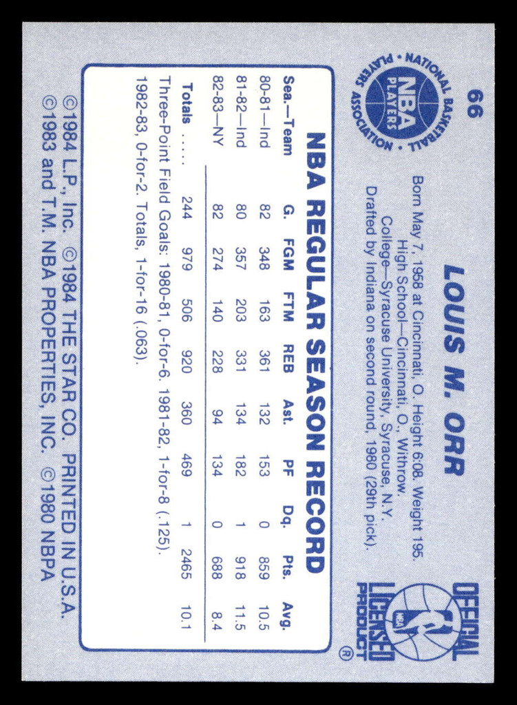 1983-84 Star #66 Louis Orr NM-Mint  ID: 406536