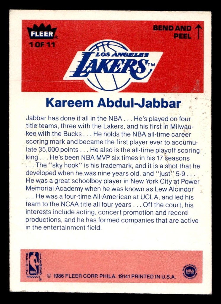 1986-87 Fleer Stickers #1 Kareem Abdul-Jabbar Very Good 