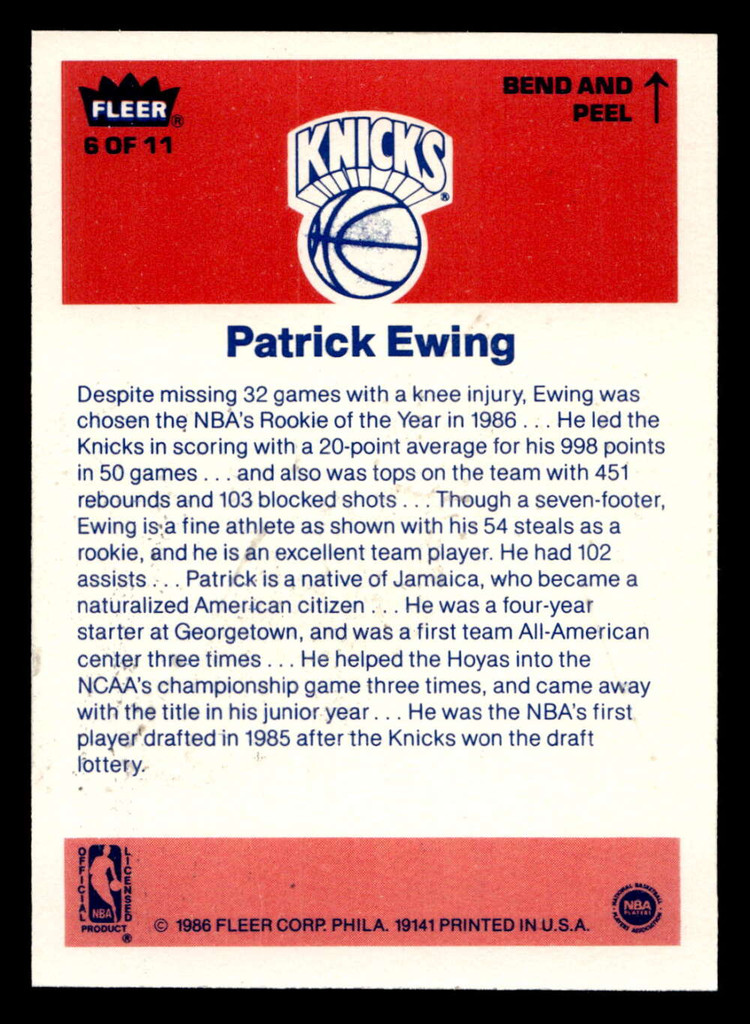 1986-87 Fleer Stickers #6 Patrick Ewing NM-Mint  ID: 406626