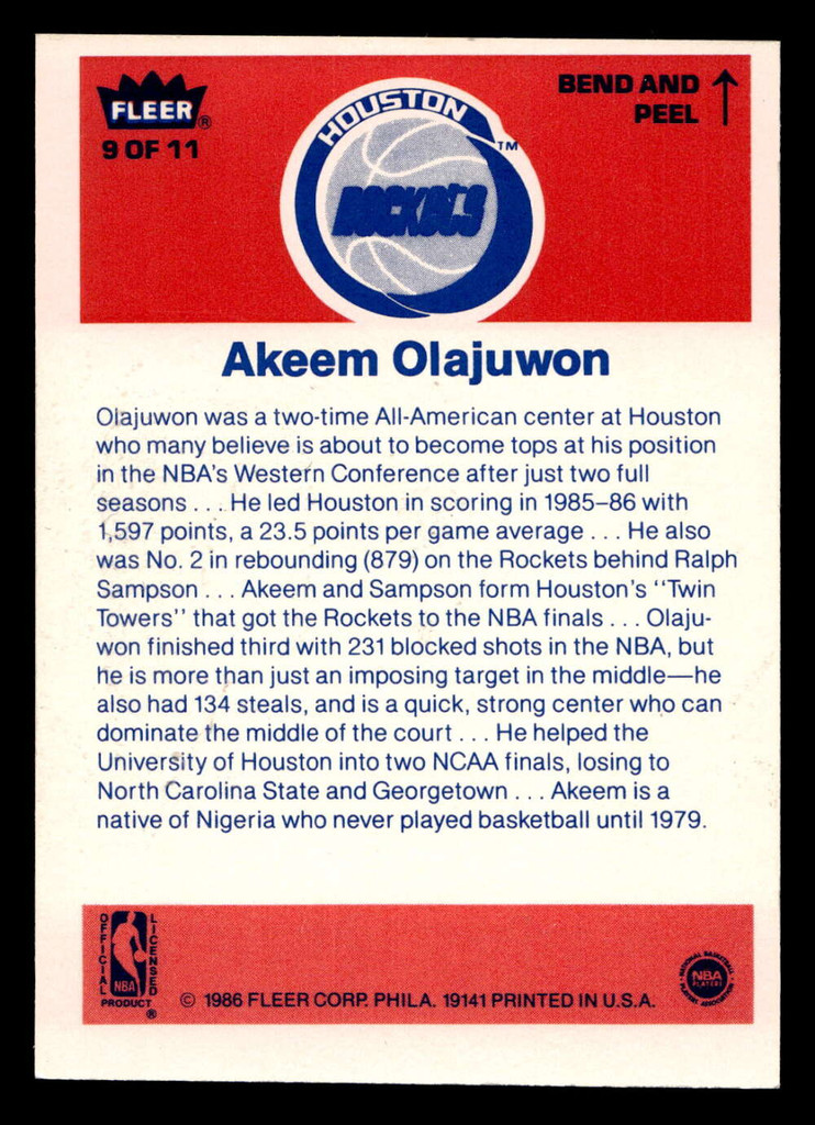 1986-87 Fleer Stickers #9 Akeem Olajuwon Near Mint  ID: 406632