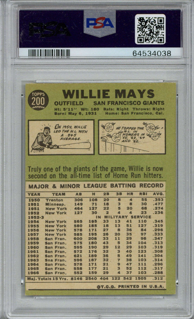 1967 Topps #200 Willie Mays Giants PSA 5 EX