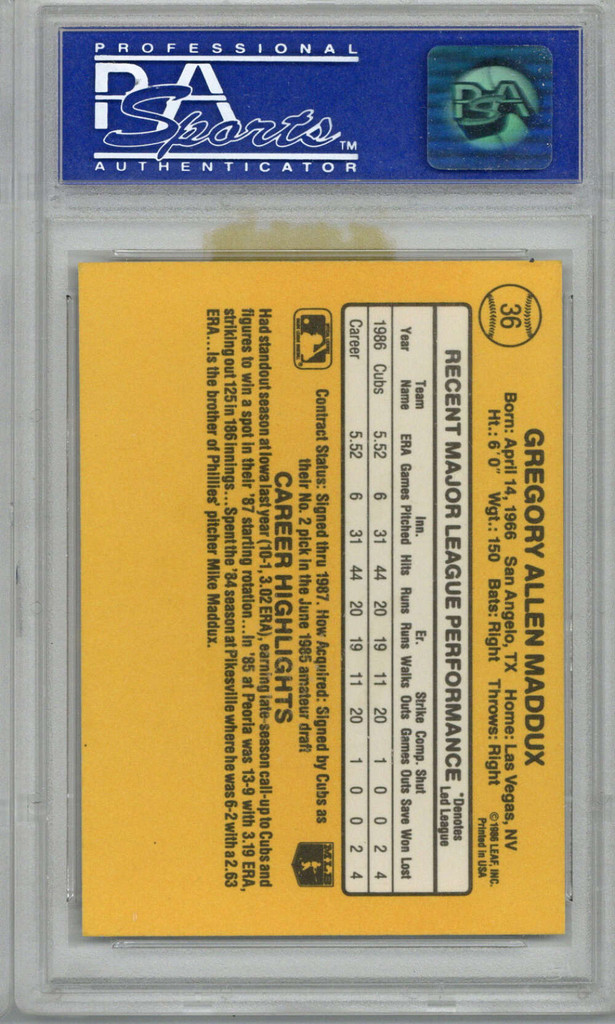 1987 Donruss #36 Greg Maddux Cubs RC Rookie PSA 8 NM-Mint