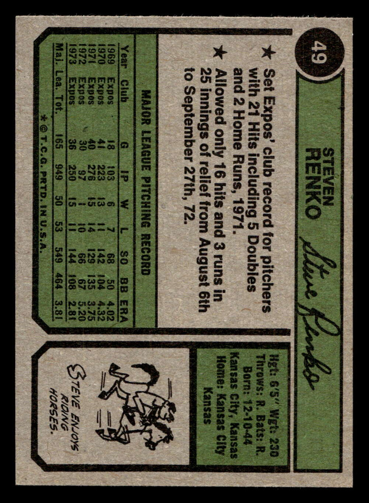 1974 Topps #49 Steve Renko Ex-Mint  ID: 407599