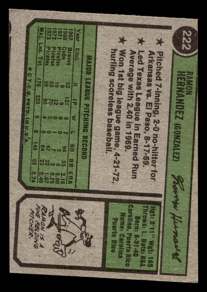 1974 Topps #222 Ramon Hernandez Very Good Miscut 