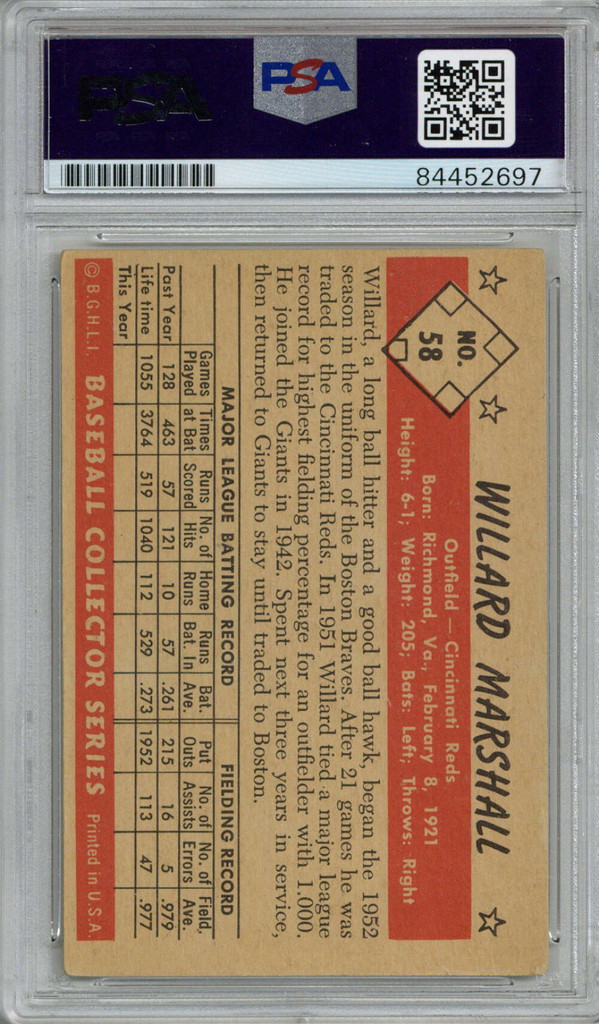 1953 Bowman Color #58 Willard Marshall Reds Signed Auto PSA/DNA
