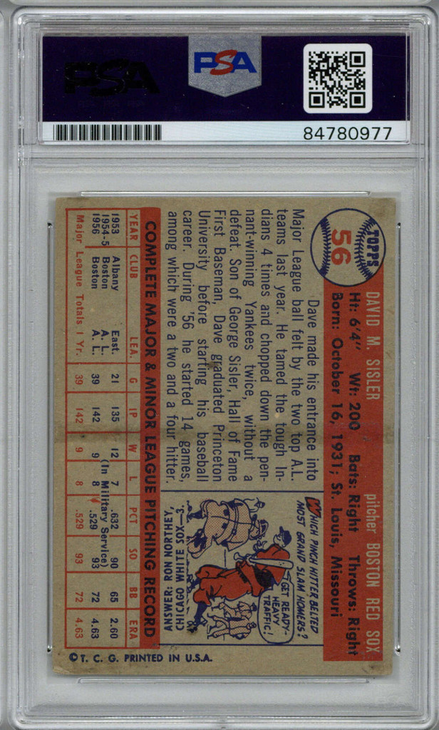 1957 Topps #56 Dave Sisler Red Sox Signed Auto PSA/DNA