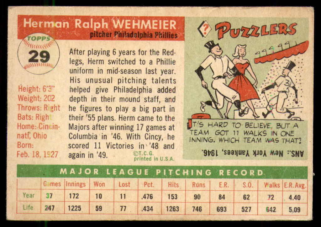 1955 Topps #29 Herm Wehmeier VG