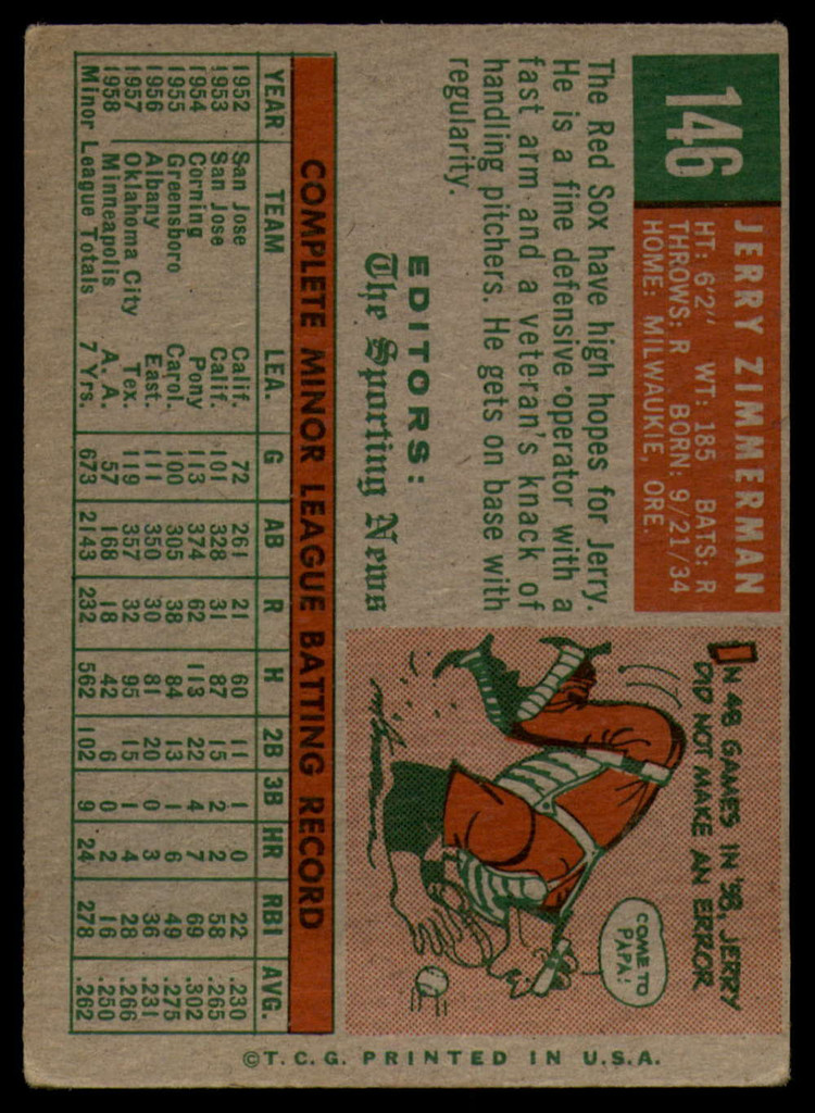 1959 Topps #146 Jerry Zimmerman RS EX RC Rookie ID: 66641