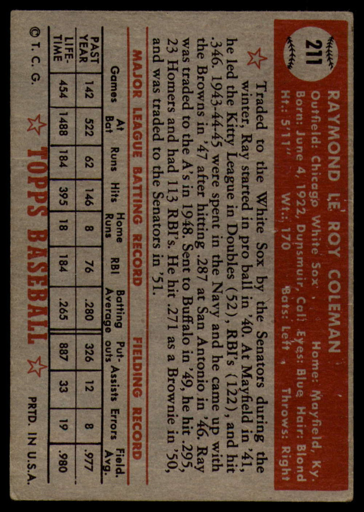 1952 Topps #211 Ray Coleman VG ID: 78528