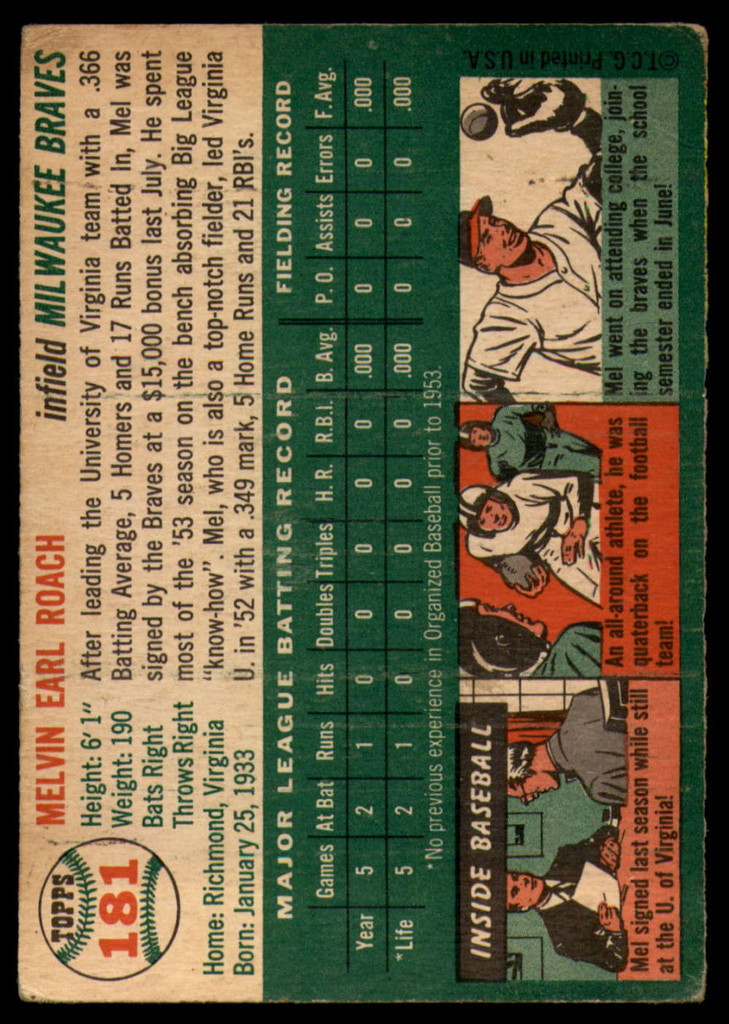 1954 Topps #181 Mel Roach VG RC Rookie ID: 79541