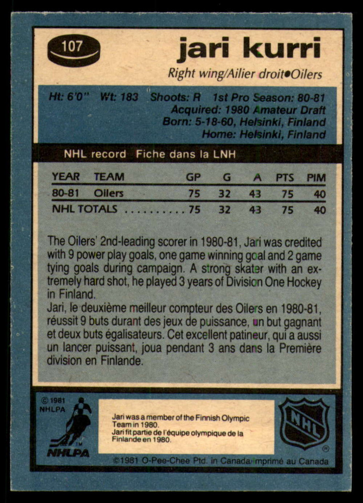 1981-82 O-Pee-Chee #107 Jari Kurri NM-MT RC Rookie ID: 80961