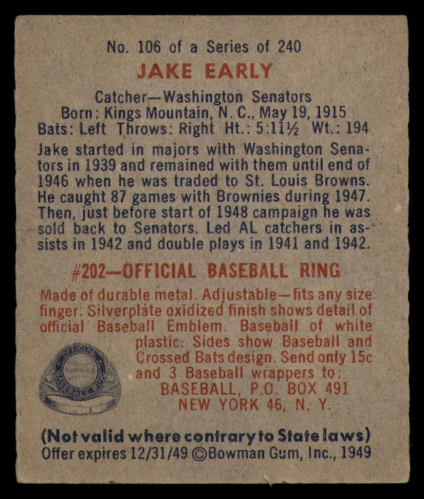 1949 Bowman #106 Jake Early EX++ RC Rookie