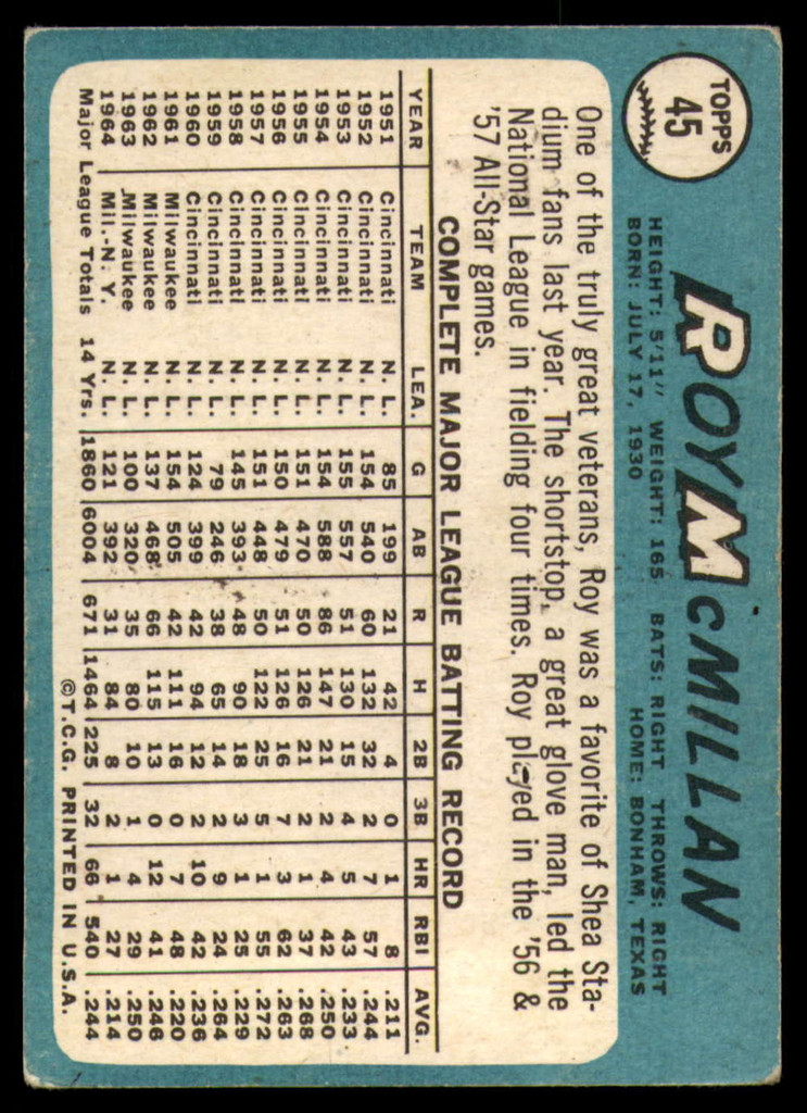 1965 Topps #45 Roy McMillan EX++ Excellent++ 