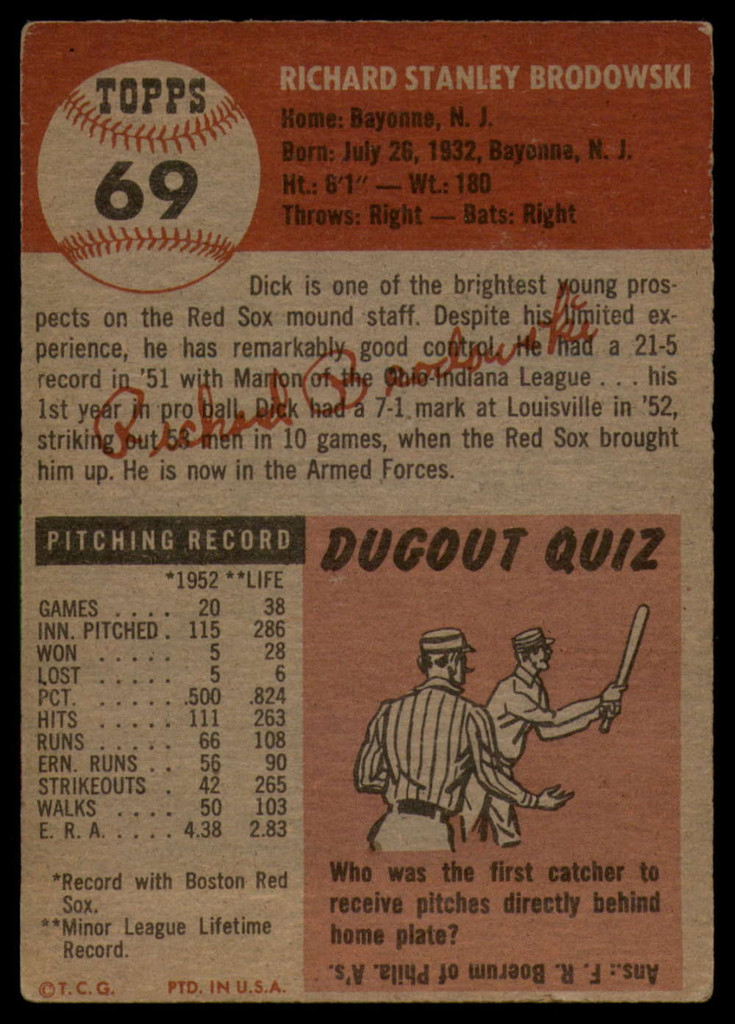 1953 Topps #69 Dick Brodowski EX++ Excellent++  ID: 115199