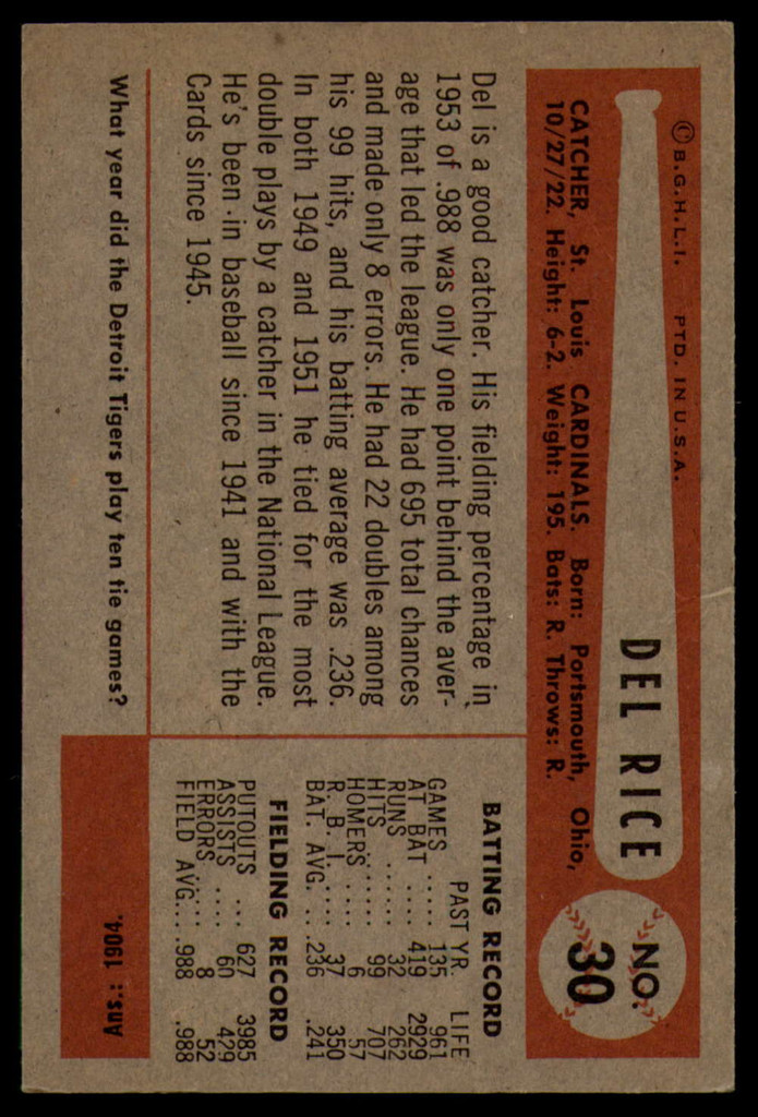 1954 Bowman #30 Del Rice Jr. Very Good  ID: 134505