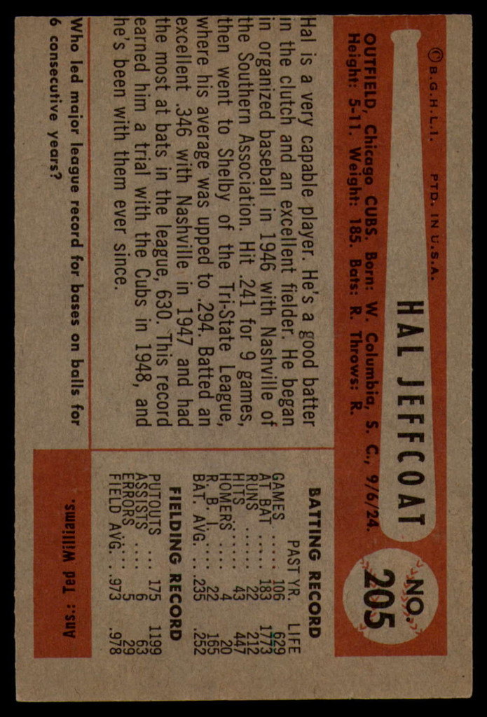 1954 Bowman #205 Hal Jeffcoat Excellent+  ID: 134509