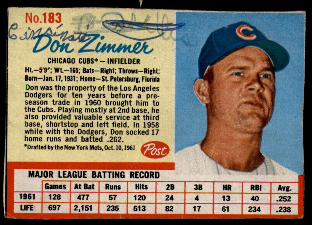 1962 Post Cereal #183 Don Zimmer Poor 