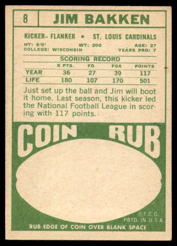 1968 Topps #8 Jim Bakken Excellent+  ID: 153214