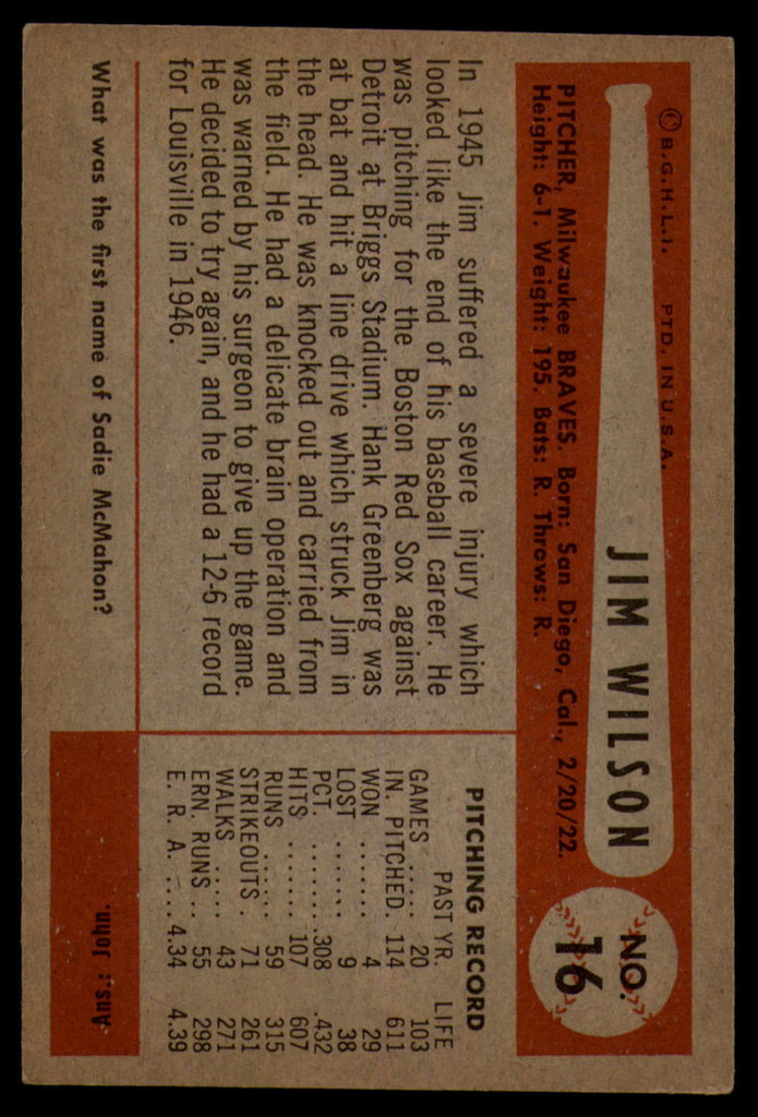 1954 Bowman #16 Jim Wilson Ex-Mint  ID: 159532