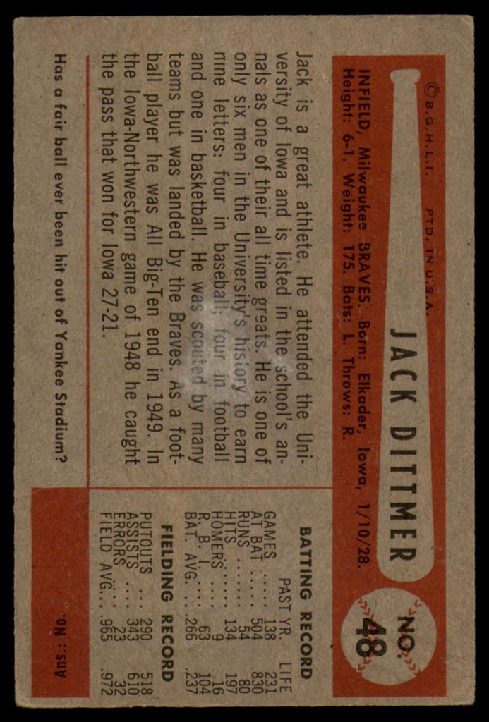 1954 Bowman #48 Jack Dittmer Very Good  ID: 159534