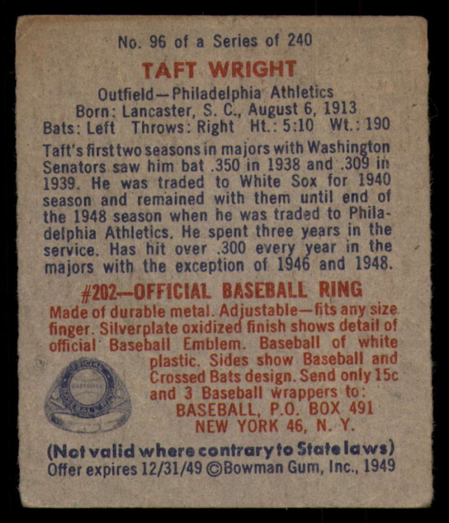 1949 Bowman #96 Taft Wright Excellent 