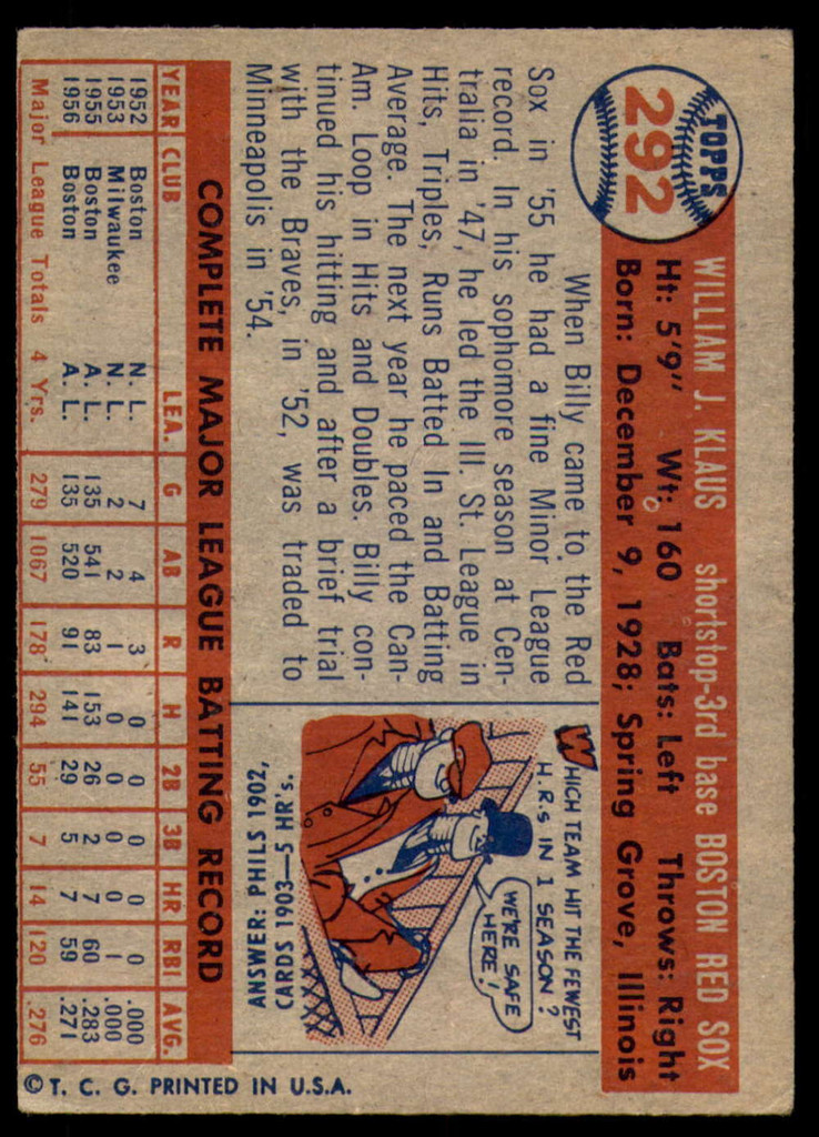 1957 Topps #292 Billy Klaus Excellent  ID: 183823