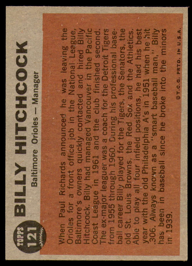 1962 Topps #121 Billy Hitchcock MG Excellent+  ID: 188932