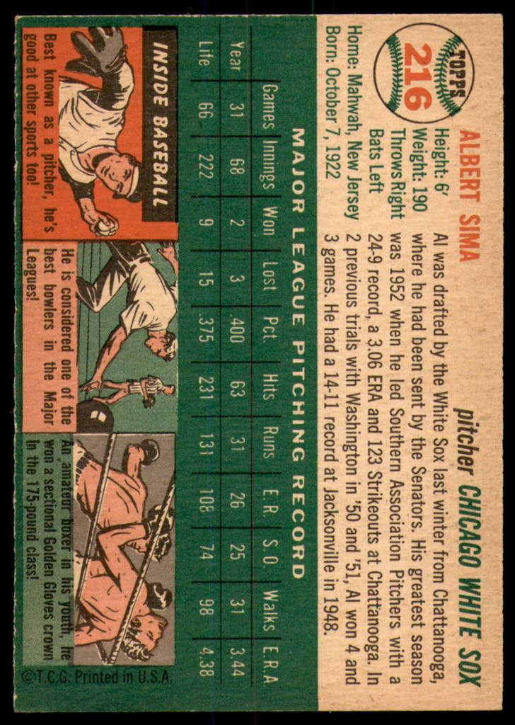 1954 Topps #216 Al Sima Very Good  ID: 199271