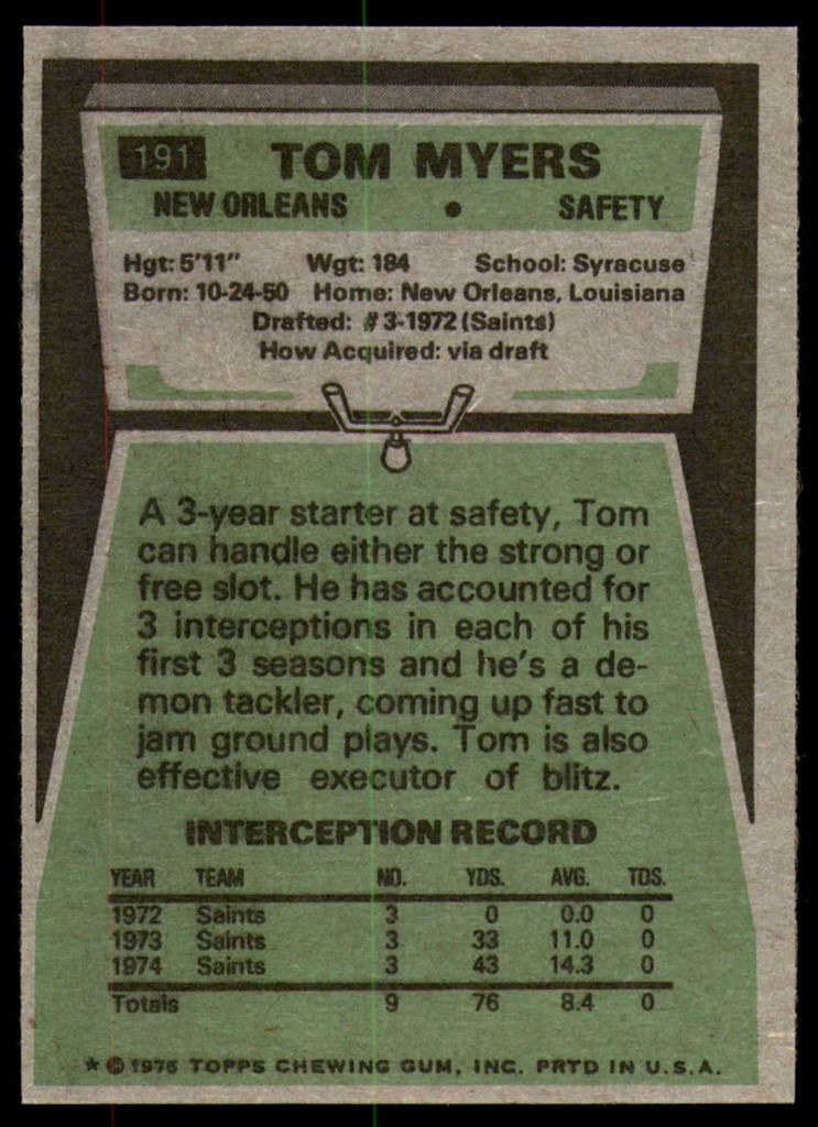 1975 Topps #191 Tom Myers Near Mint or Better  ID: 208958