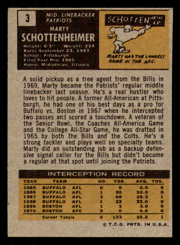 1971 Topps #3 Marty Schottenheimer Excellent+ RC Rookie  ID: 270658