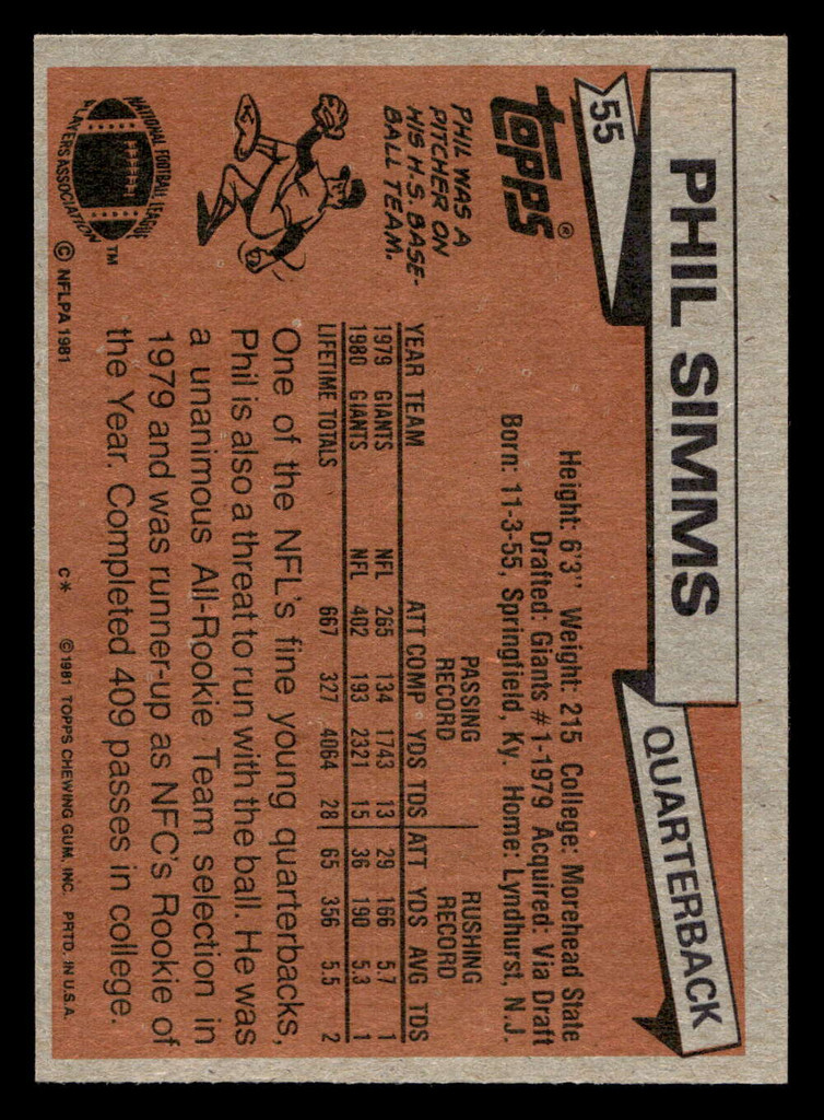 1981 Topps #55 Phil Simms Near Mint  ID: 410118